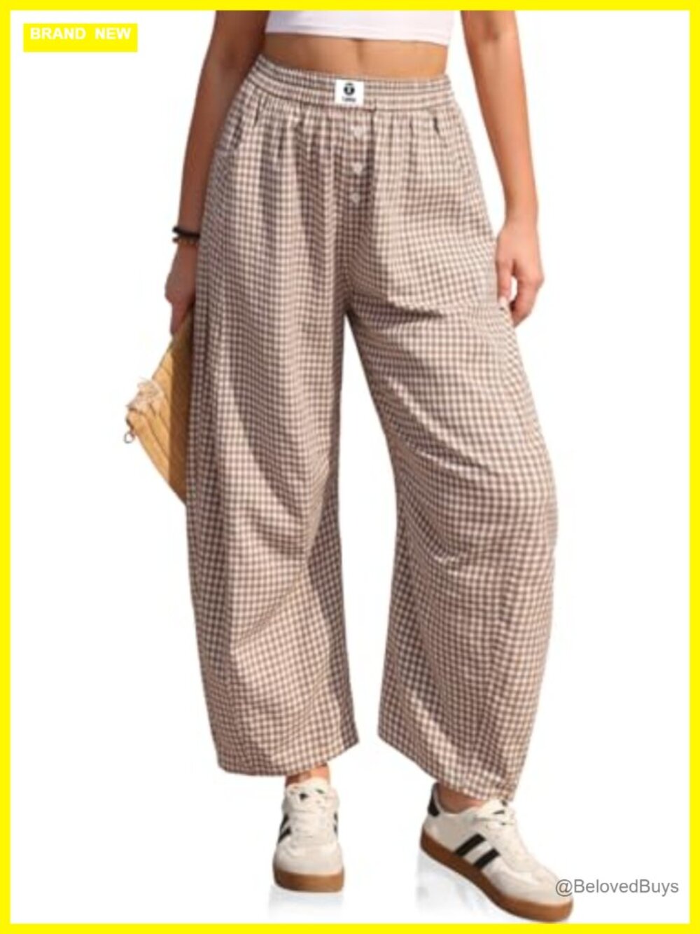 Womens Gingham Barrel Pants Linen Blend Wide Leg Casual Trousers